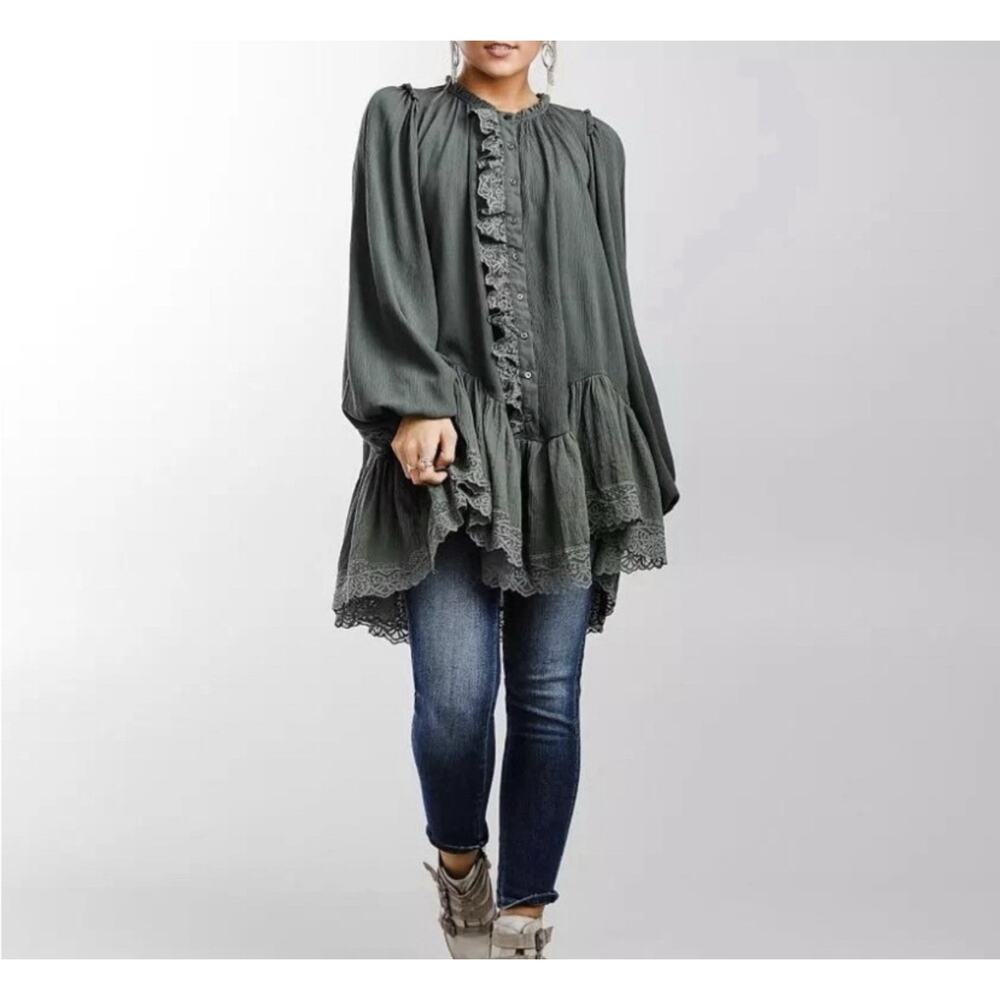 Free People Jeanette Lace Ruffles Vintage Victorian Romantic Tunic Top L $128